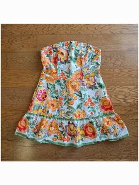 Joie Strapless Floral Sundress in White, Orange, Yellow, Green